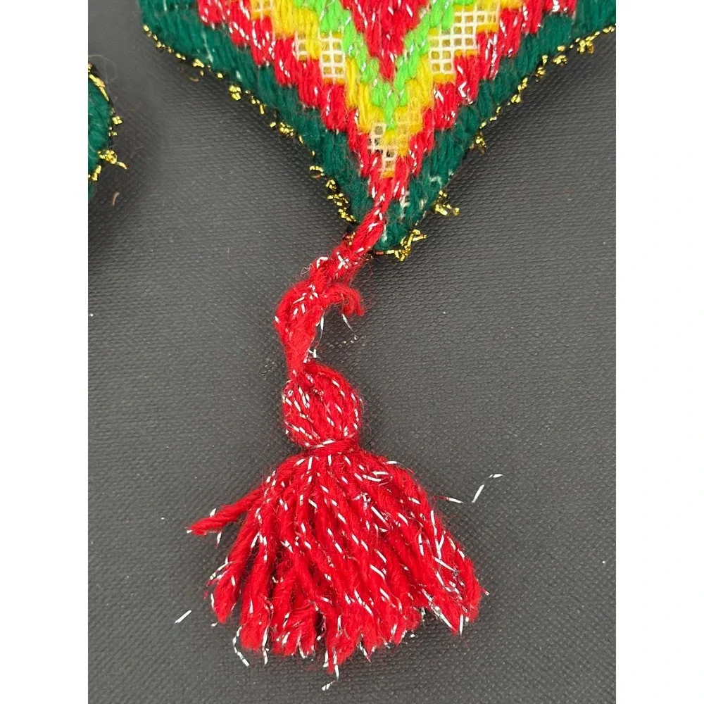 Vintage Handmade Needlepoint Christmas Ornaments Set 2 Red Green Yellow Tassels